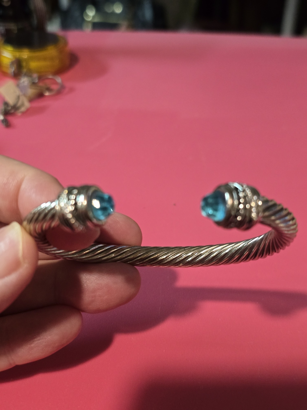 Sterling-Style Twisted Cable Cuff 6" Bracelet with Blue Gemstone Tips